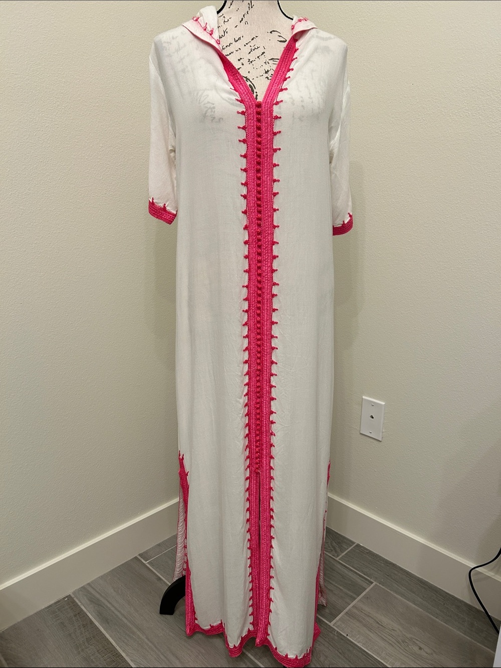 White Tunic/ bathing suit Cover with Bright Pink Crochet Trim